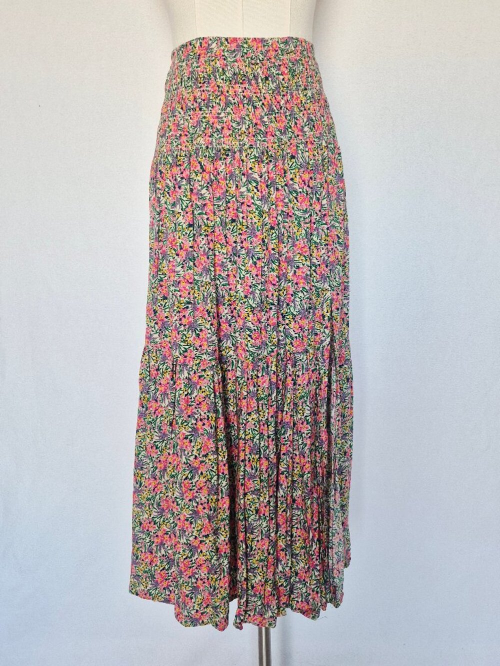 Natural Life Floral Smocked Waist Tiered Maxi Skirt Side-Slit Multicolor Rayon